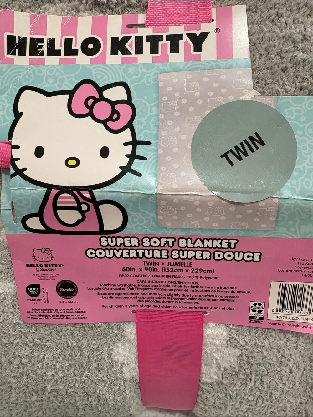 NEW Hello Kitty Twin Super Soft Blanket - Gray w/White Dots/Hello Kitty Faces